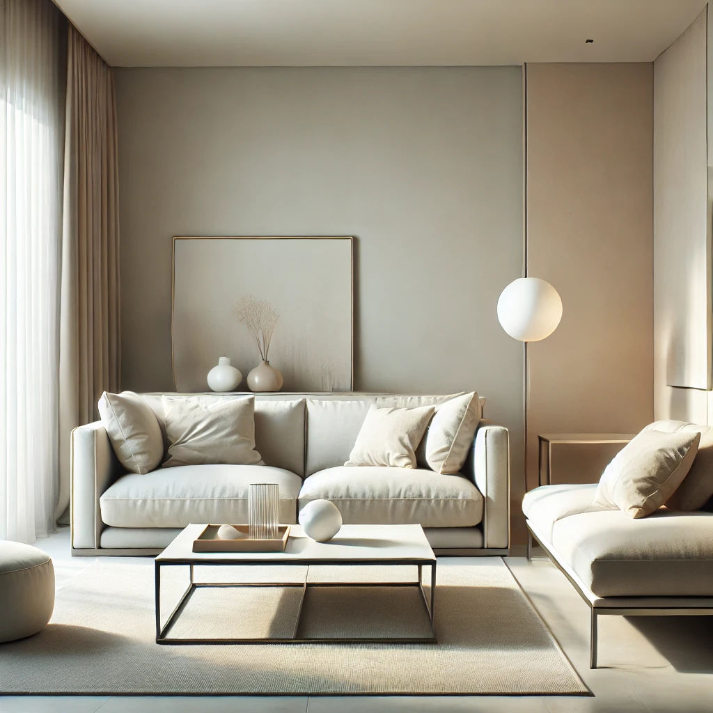 A sleek and modern minimalist living room with neutral tones and stylish decor.