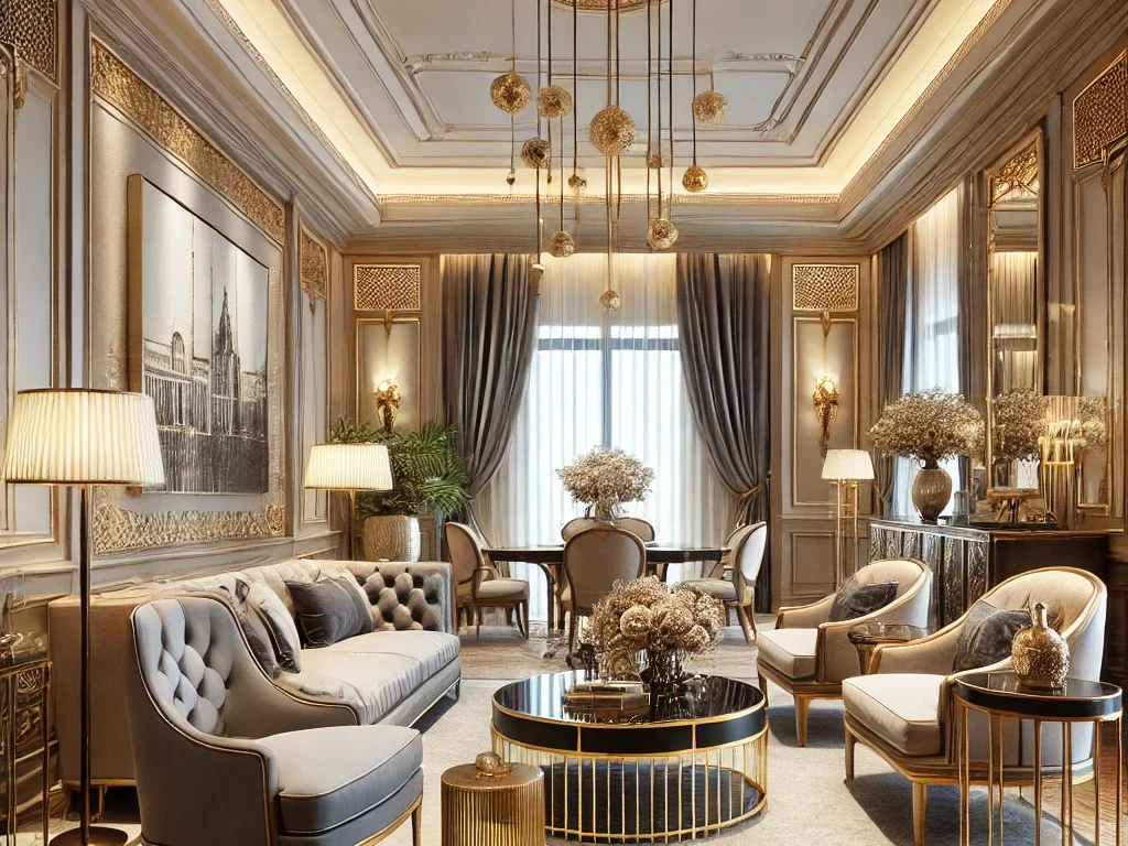 A luxurious and spacious drawing room with a sophisticated design, featuring elegant furniture, stylish lighting, and artistic decor.