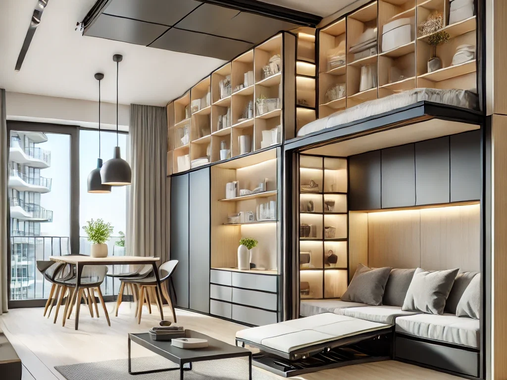 A compact yet stylish interior with space-saving furniture and smart storage solutions.