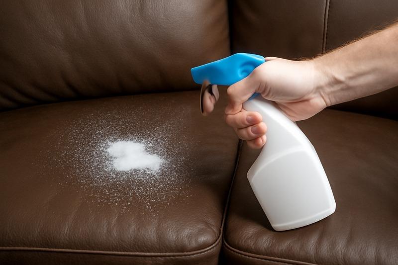 A person sprays a cleaning solution on a brown faux leather couch to deodorize it. The image captures the process of refreshing and maintaining the couch's surface, with a close-up of the foam forming on the leather as part of effective cleaning methods for deodorizing faux leather furniture.
