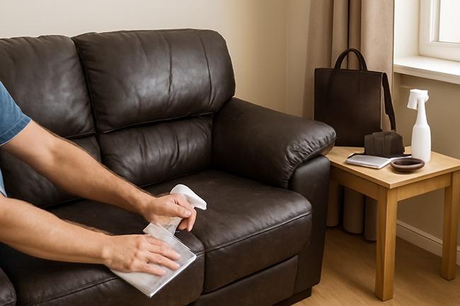 A man Cleaning Faux leather upholstery with shower and cloth