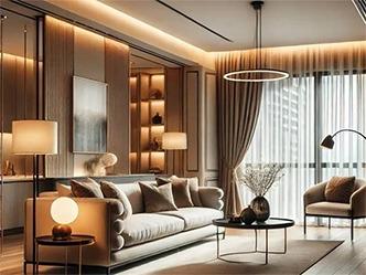 A modern and stylish living room with a minimalist design, featuring a cozy sofa, elegant lighting, and warm neutral tones.