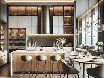 A sleek and modern kitchen with a spacious layout, featuring smart storage solutions, stylish cabinets, and a cozy dining area.
