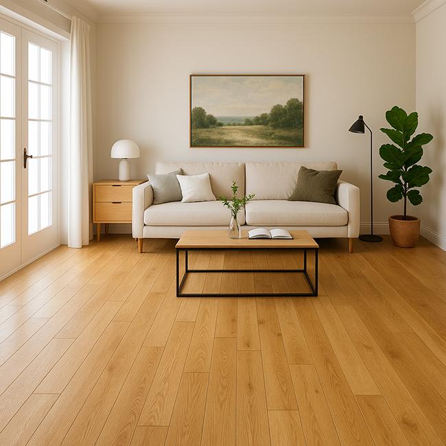 Spacious modern living room with elegant oak flooring, beige sofa, wooden coffee table, floor lamp, and natural light streaming through large windows – perfect oak flooring inspiration.