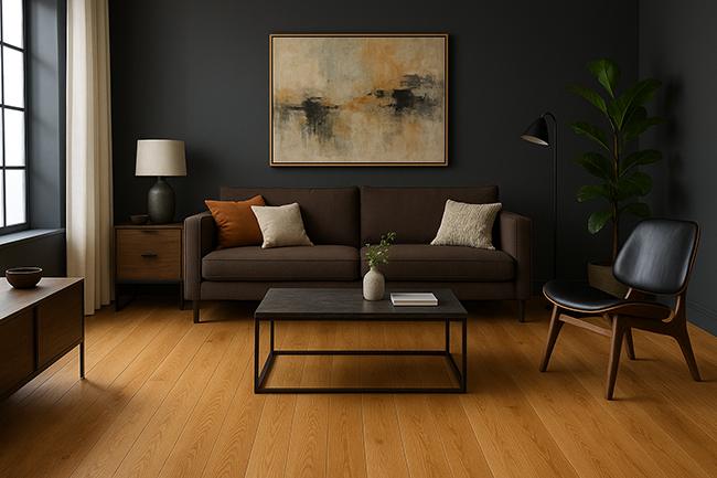 Modern living room with oak flooring, dark and light elements balanced, textured cushions, and high contrast decor – showcasing stylish mix of textures and tones.