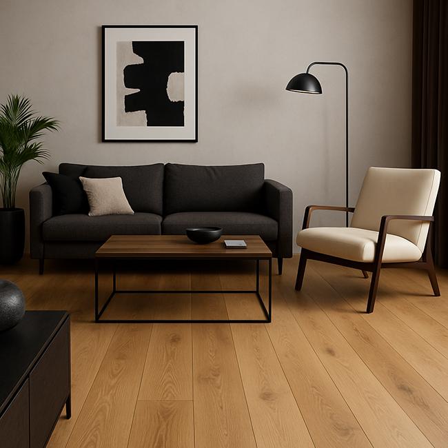 Modern living room featuring warm oak flooring, a dark gray sofa, beige armchair, wooden coffee table, floor lamp, and minimalist decor with natural lighting.