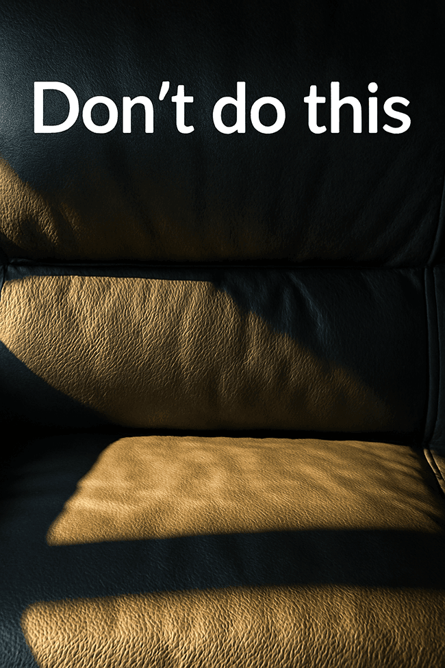 close-up view of a black faux leather couch bathed in sunlight, with the bold text "Don’t do this" overlaid at the top, highlighting the contrast between the illuminated seat and the shadowed backrest.