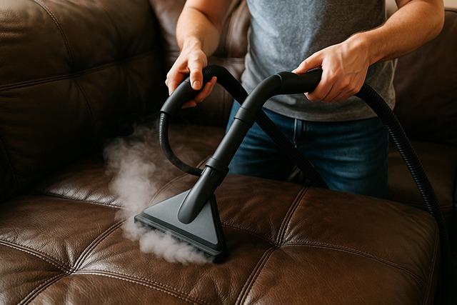 A person in a gray t-shirt and blue jeans is steam cleaning a dark brown faux leather couch. The steam cleaner is removing dirt and grime, showing how to steam clean faux leather couches effectively.