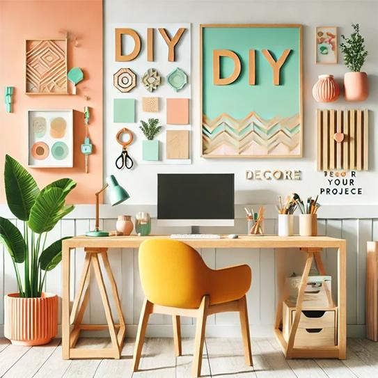 A cozy home workspace featuring handmade decorations, wall art, and repurposed furniture.