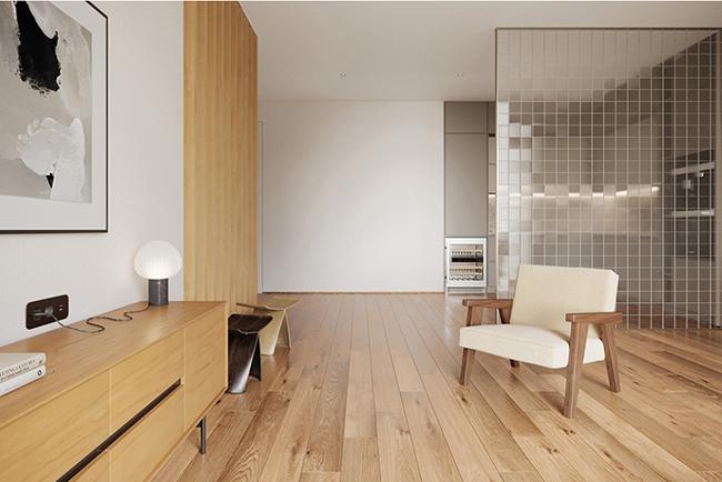 Minimalist living room with modern furniture and natural oak flooring – tips on how to choose best oak flooring.