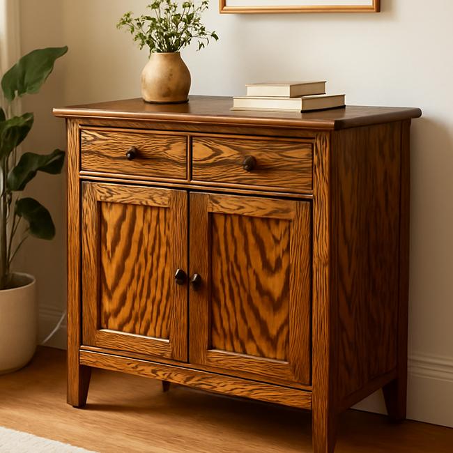 A detailed view of a tiger oak sideboard, showcasing its bold, tiger-like stripes. The furniture piece sits in a warmly lit room with neutral tones, surrounded by minimalistic décor including a vase, books, and artwork on the wall. The lighting highlights the unique grain and texture of the tiger oak wood.