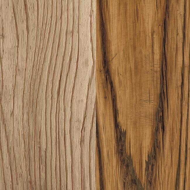 Comparison of Tiger Oak vs Quarter-Sawn Oak grain patterns. The image highlights the distinct grain structures: quarter-sawn oak features straight, uniform lines, while tiger oak showcases a unique, wavy, and irregular pattern resembling tiger stripes.